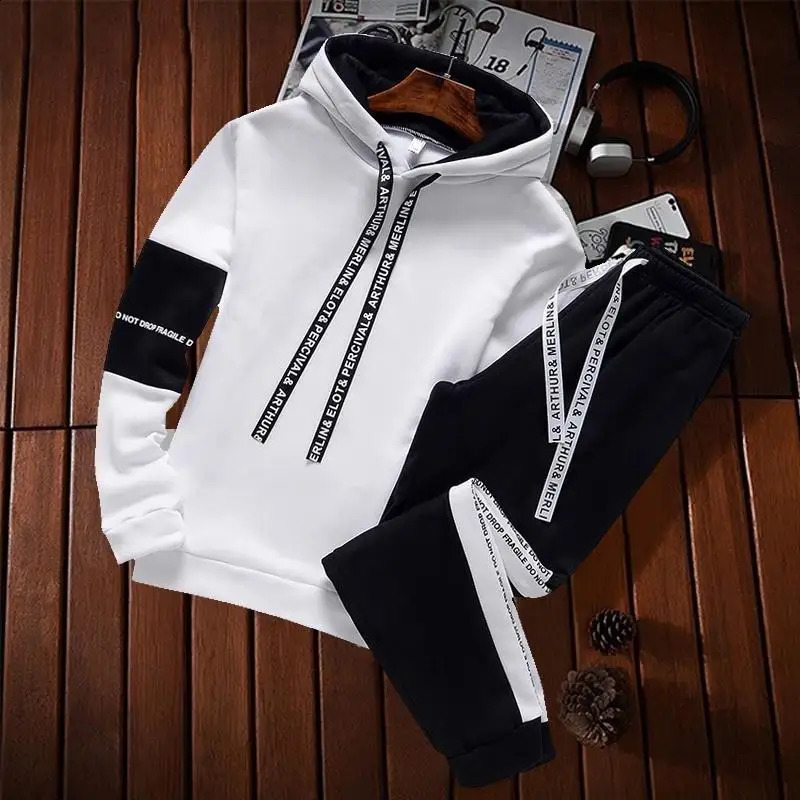 Spring Autumn Fashion Trend Two-Piece Mens Casual Comfortable Large Size Sports Suit Black White Set Tracksuit 240929