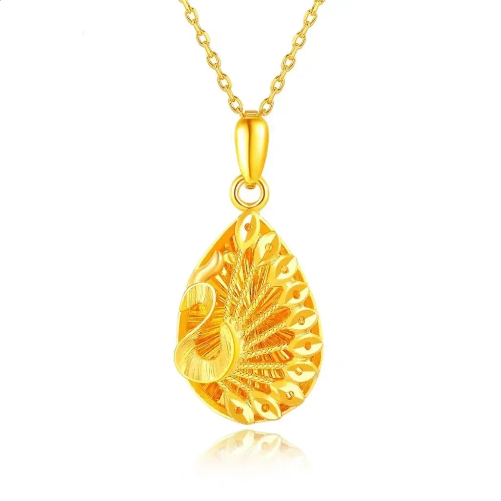 Pure gold 999 real 24K water drop peacock pendant wedding ancient necklace hollow women Necklace AU750 240912