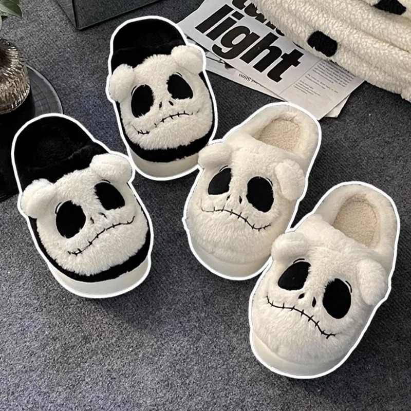 Women Halloween Gothic Home Fur Slipper Winter Plush Warm Indoor Cotton Shoes Cute Funny Ghost Skull Thick Sole Soft Slides 240911