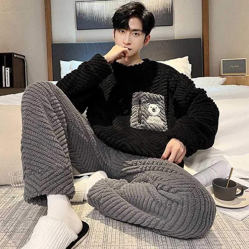 2024 Winter Men Fleece Casual Long Sleeve Pajamas Set Coral Velvet Cute Cartoon Sleepwear Plush Thicken Warm Homewear 3XL Y240913
