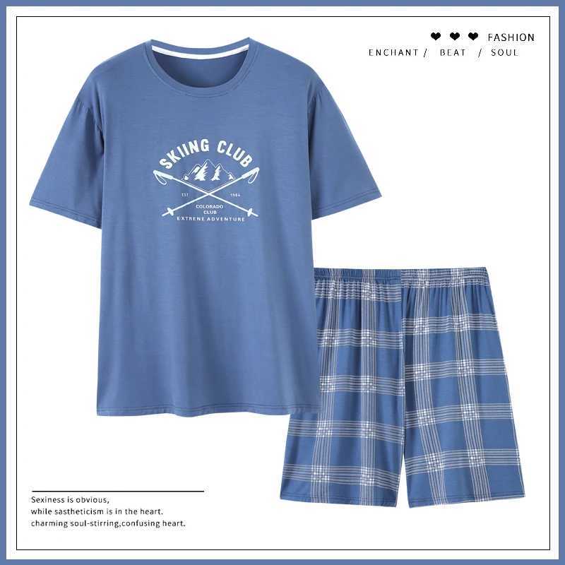 Summer Soft Modal Men Pajamas High Quality Plus Size L-3XL Plaid Print Sleep Tops Pajama Set Elastic Shorts Home Clothing Pjs Y240913