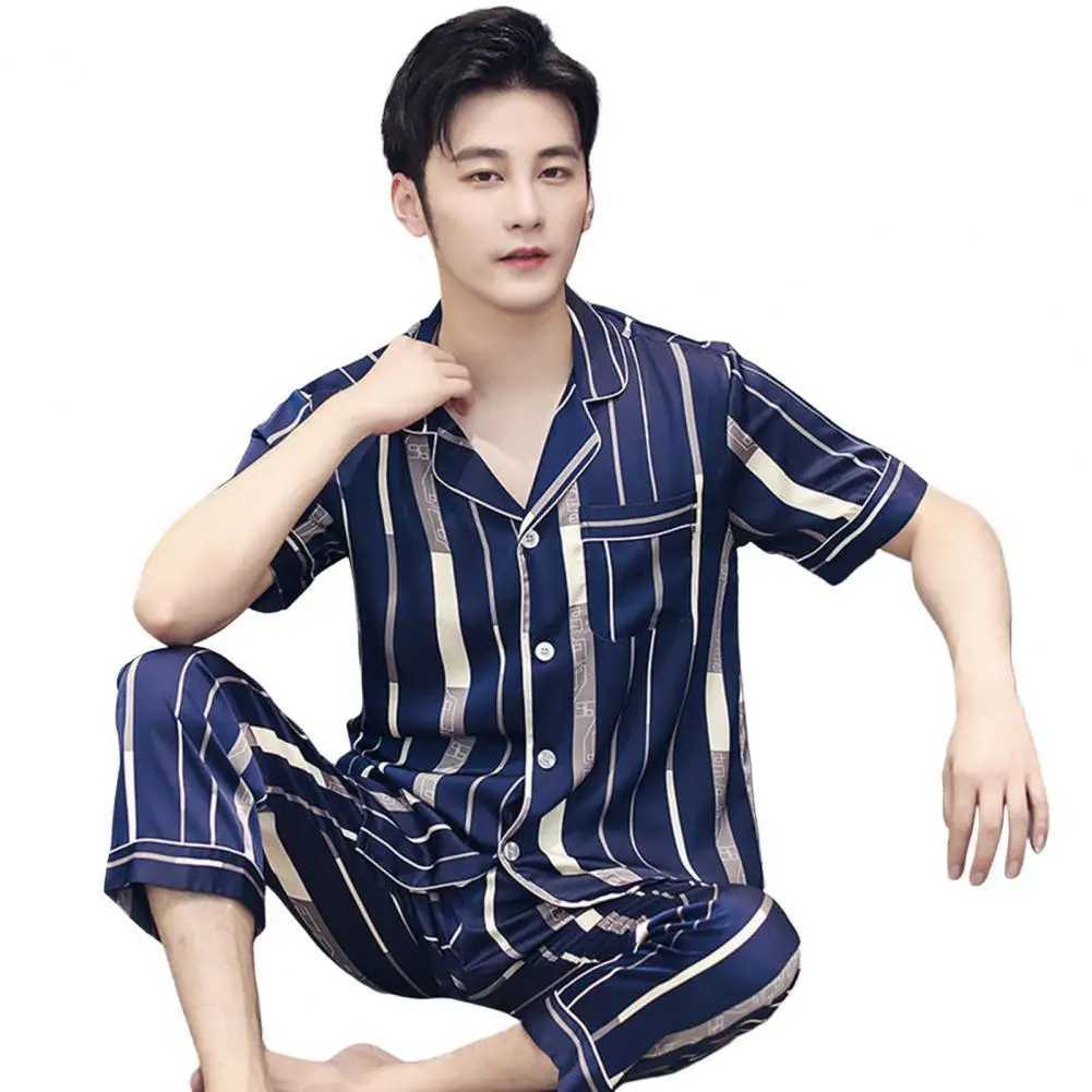 2 Pcs/Set Short Sleeves Men Summer Pajamas Letter Print Loose Striped Men Night Clothes Ice Silk Turn-down Collar Men Homewear Y240913