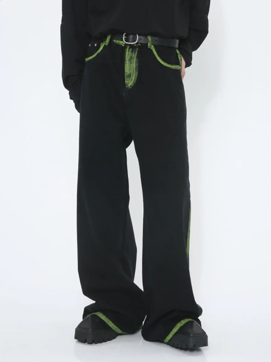 2024 Voguo Relay niche hand drawn graffiti n loose straight black jeans unisex streetwear pantalon homme jean 240912