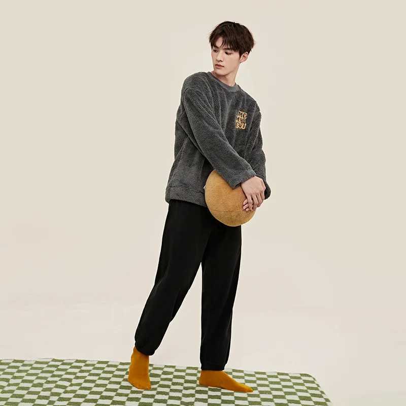 Semir Couple Pajamas Suit Men Autumn And Winter Thick Plus Velvet Cationic Fleece Lapel Cardigan Lace Home Pajamas For Man Y240913