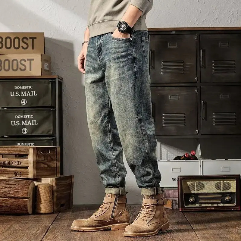 American Style Chaopai Simplicity Spring Autumn Jeans Mens Pockets Zipper Distress High Street Casual Loose Straight Pants 240911