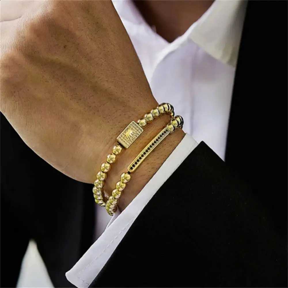 2Pcs/Sets Classic Men Crown Stainless Steel Beads Bracelet Rectangle Linear Inlaid Zircon Punk Charms Bracelet Man Women JewelryX240913