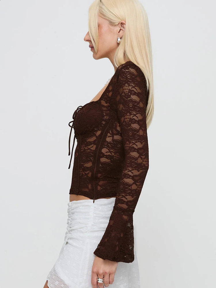 Fantoye sexy See Through lace womens Tshirt black long sleeved square neckline autumn tight and elegant streetwear 240913