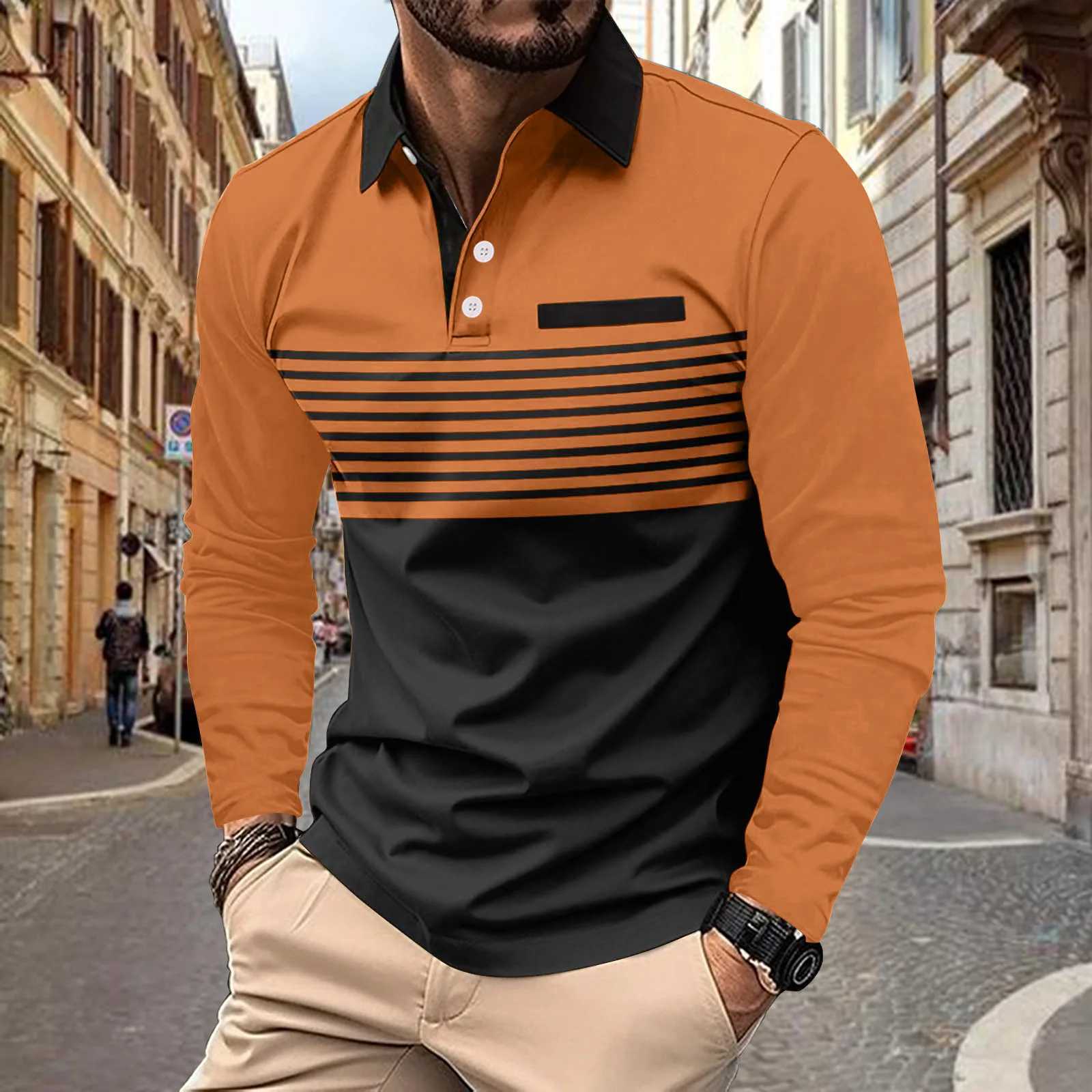 Mens new POLO shirt light casual pocket lapel spring and autumn large size loose striped print long sleeve T-shirtX240912
