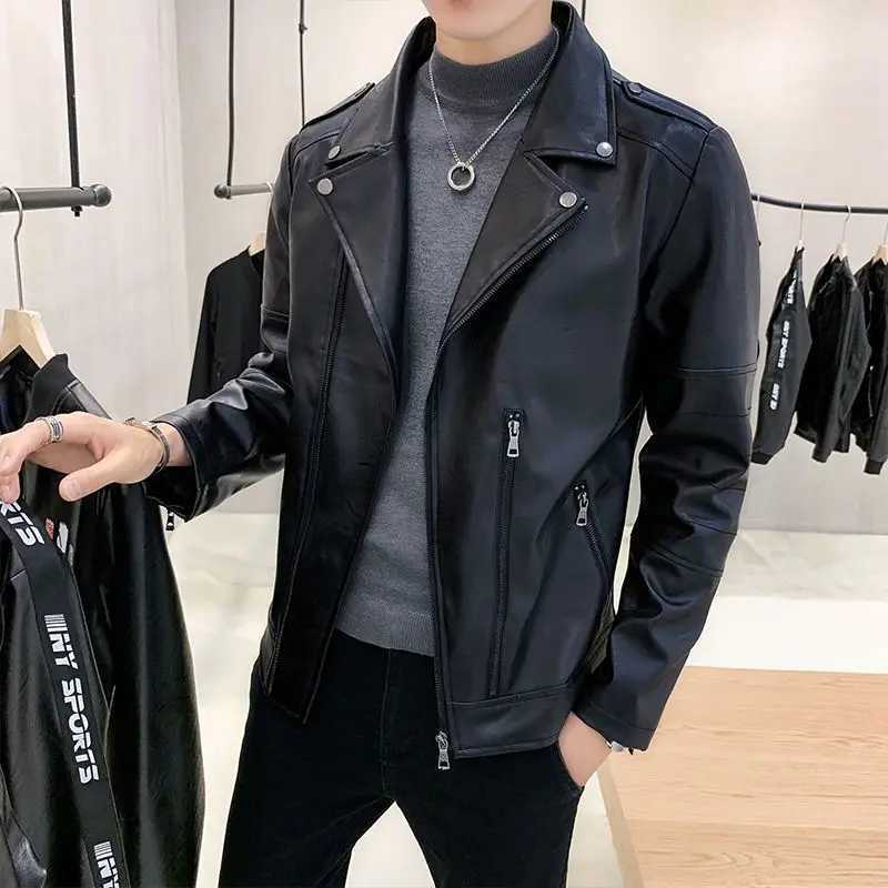 Bomber Leather Jacket Men Streetwear Lapel Motorcycle Jacket Zipper PU Leather Coat Vintage Black Pocket Jackets Men ClothingX240913