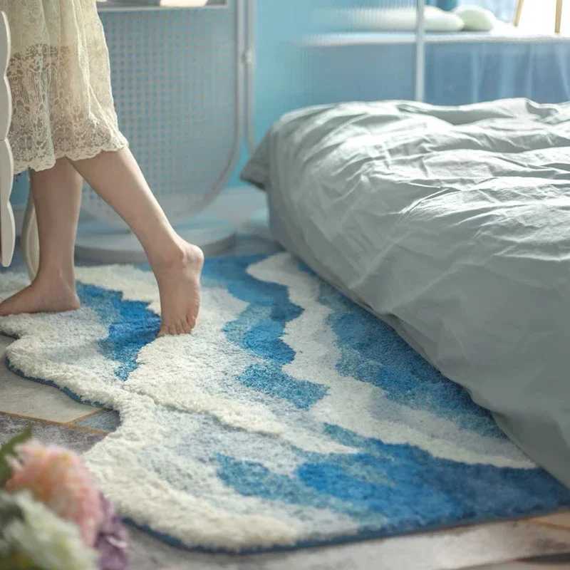 Carpets Aesthetic Wave Rug High-Quality Flocking Antislip Carpet Bathroom Blue Sea Tufted Carpet House Decoration Kid Room Bedside Rug Q240910