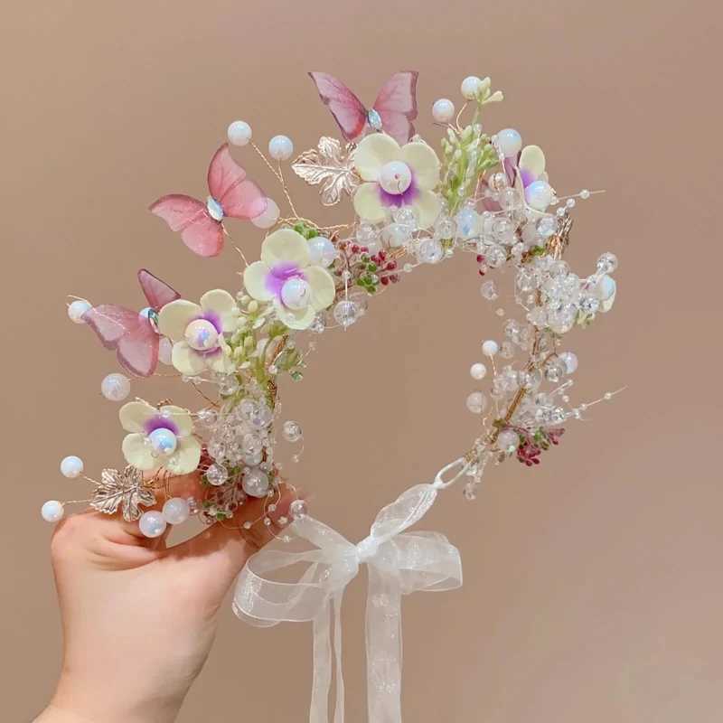 New Fashion Pink Butterfly Pearl Flower Headband fow Girls Child Wreath Hair Hoop Headbands Holiday Party Hair Accessories GiftX240913