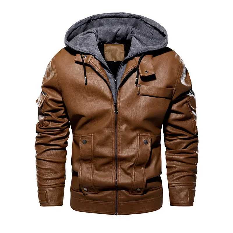 Male Brown Winter PU Leather Coat Long Sleeve Loose Hooded Khaki Zipper Jacket Men Black Windbreaker Plus Size Outerwear XxxlX240913