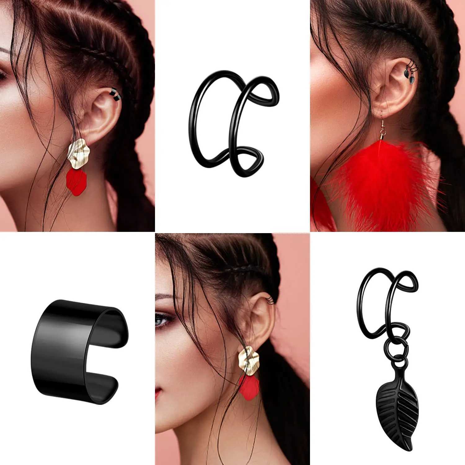 2-20Pcs Black Stainless Steel Adjustable Ear Cuff Wrap Clip On Earrings Fake Non Piercing Cartilage Helix Hoop Earrings SetX240913