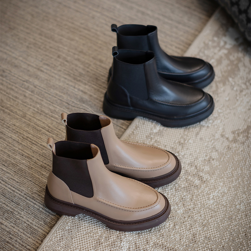 Genuine Leather Retro British Style Slip-On Fashion Ankle Boots Round Toe Flat with Women Shoes 1707