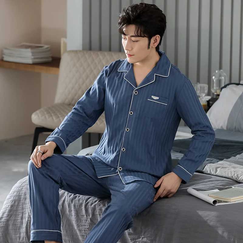 Blue Men Pajamas Set Long Sleeves Long Pants Autumn Winter Simple Sleepwear Casual Pijamas Male Pyjamas Soft Nighty Cozy Pjs Boy Y240913