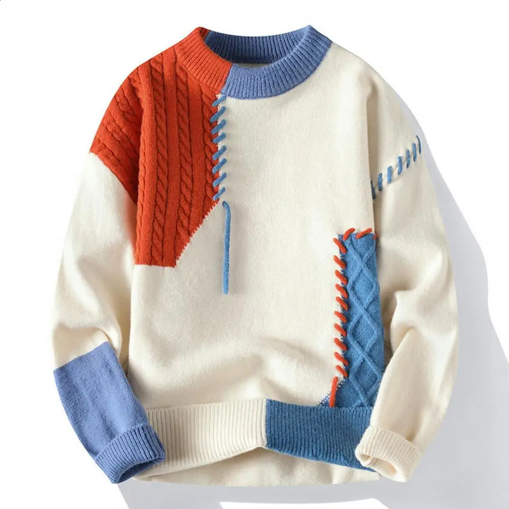 Men Color-blocked Sweater Mens Color Block Knit Sweater with Round Neck Loose Fit Thick Warm Pullover for Casual or Work Wear 240905