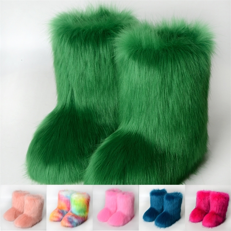 Fluffy Fur Boots Women Furry Snow Boot Warm Soft Plush Inside Fashion Woman Faux Fox Fur Boots Y2k Winter Anti Slip FuzzyShoes 240910
