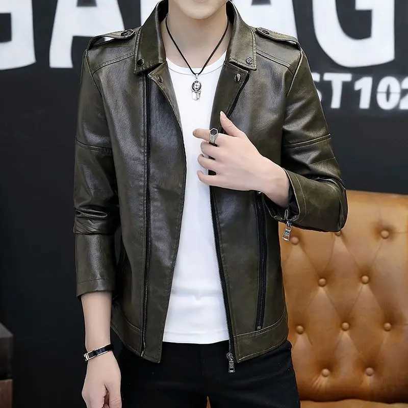 Bomber Leather Jacket Men Streetwear Lapel Motorcycle Jacket Zipper PU Leather Coat Vintage Black Pocket Jackets Men ClothingX240913