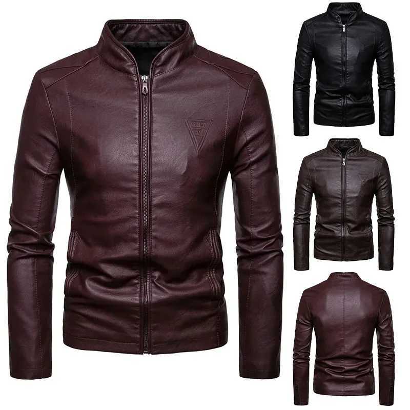 Mens Jackets Mens Faux Leather Jacket Classic Stand Collar Motorcycle Coat Slim Fit with Full Zip Long Sleeve Winter OutdoorX240913