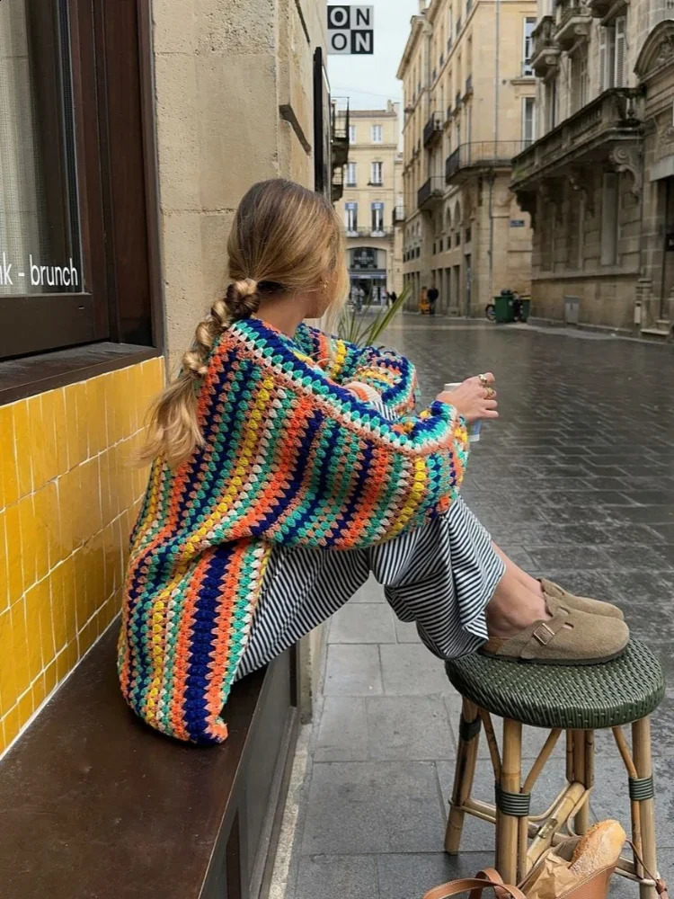 Colorful Stripes Contrasting Crochet Knitted Cardigan Women Casual Long Sleeves Loose Coat Autumn Lady Commuting Street Knitwear 240904