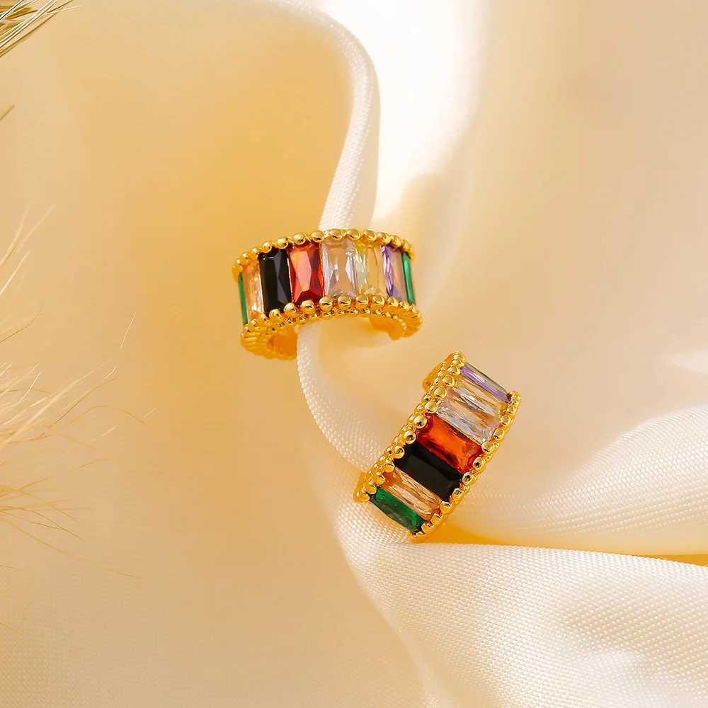 Trendy Copper Gold Plated Clip Earrings For Women Colorful Square Zircon Waterproof Womens C Shape Earrings Wedding JewelryX240913