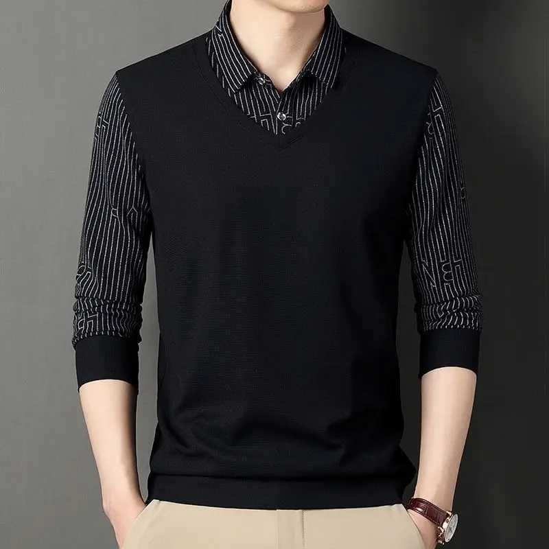 Fashionable mens retro long sleeved striped polo shirt spring and autumn basic mens dress casual top W240913