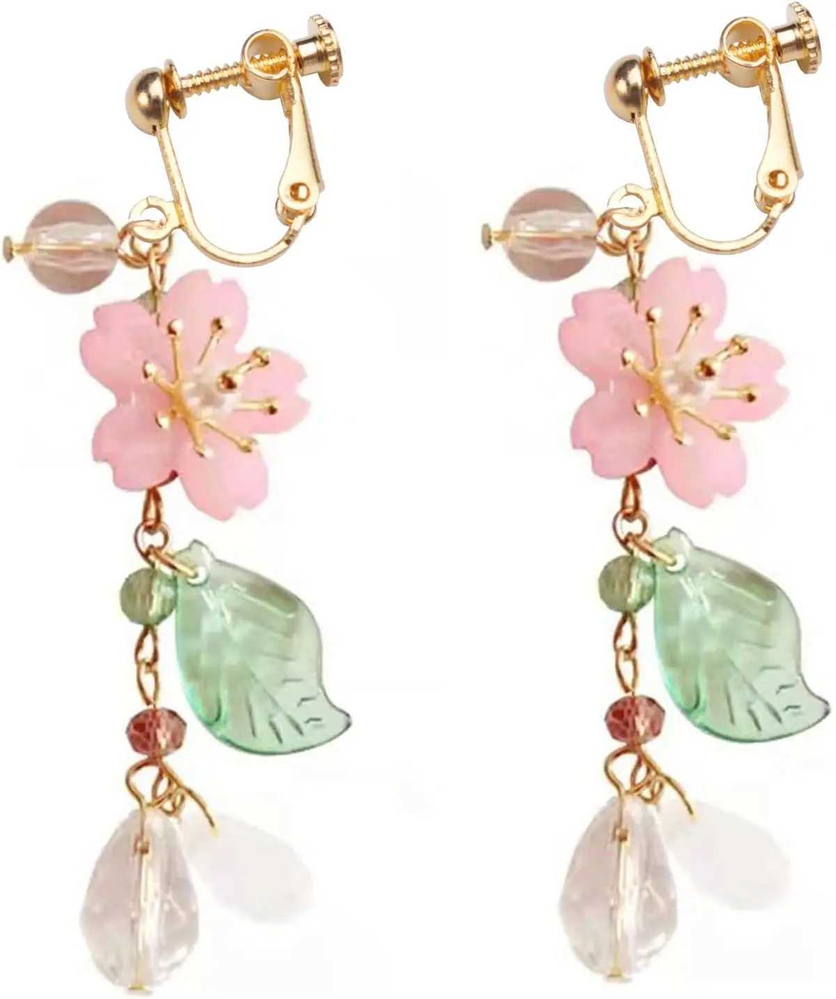 Pink Flower Clip on Dangle Earrings No Pierced for Women Crystal Leaf Dangling Earrings Statement Seaside Idyllic Birthday GiftX240913