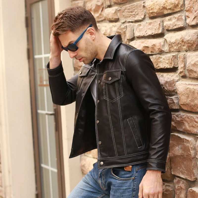 Genuine Men Casual Coat Brand Luxury Real Slim Lapel Black Pocket Sheep Leather Jacket Aviation ClothesX240913