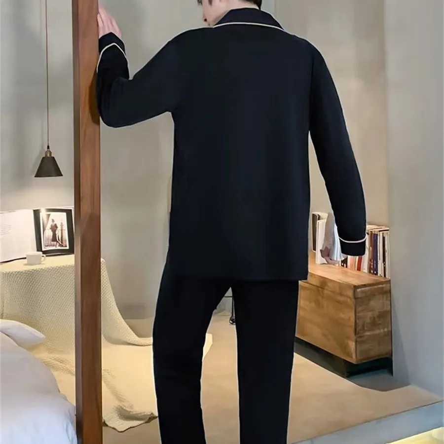 New 2024 Mens Cotton Pajamas Set Solid Color Long Sleeve Home Clothes for Man Four Season Casual Sleepwear 2 Pieces Loungewear Y240913