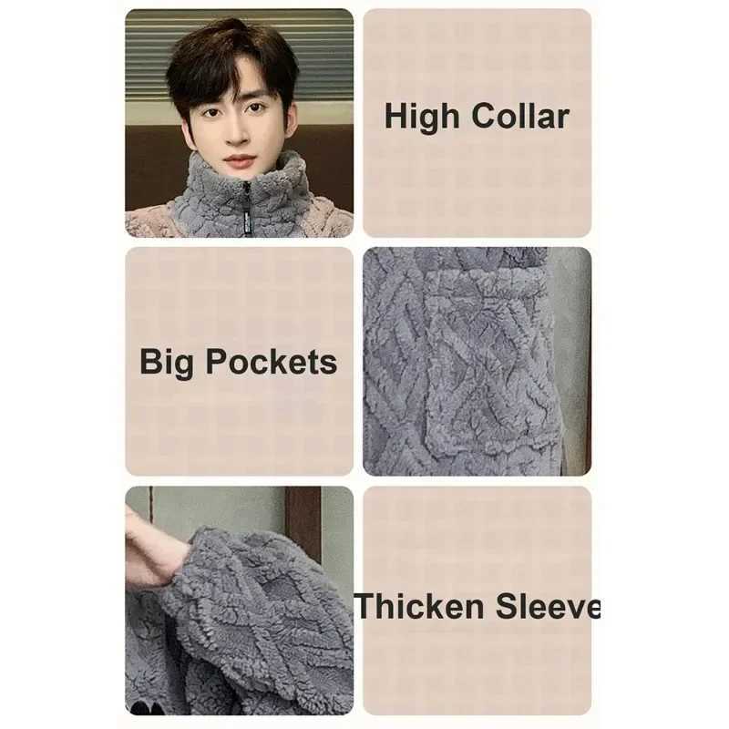 Antistatic Coral Fleece Mens Winter Pajamas Set Thicken Flannel Warm Sleepwear Big Size 3XL Zipper Soft Pajama Men pyjama homme Y240913
