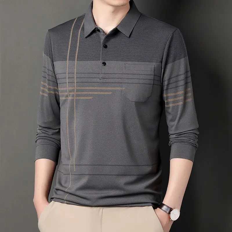 Street Clothing Mens Striped Polo Shirt Spring and Autumn New Cotton Mens Clothing Pocket Long Sleeve Casual Loose Business Top W240913