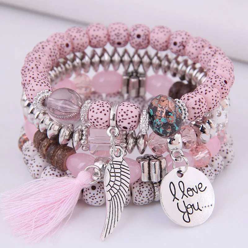DIEZI Bohemian Multi Color Pink Crystal Bead Bracelet Womens Elastic Tassel Wing Letter Rope Bracelet Pulseira Feminina W240913