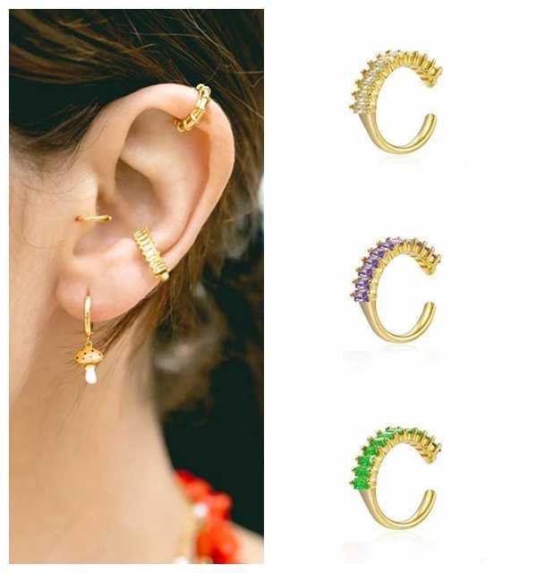 1PC 24k Gold-Plated Silver Simple Ear Cuff Earring for Women White Orange Purple Green Crystal Ear Clips Earring Fashion JewelryX240913