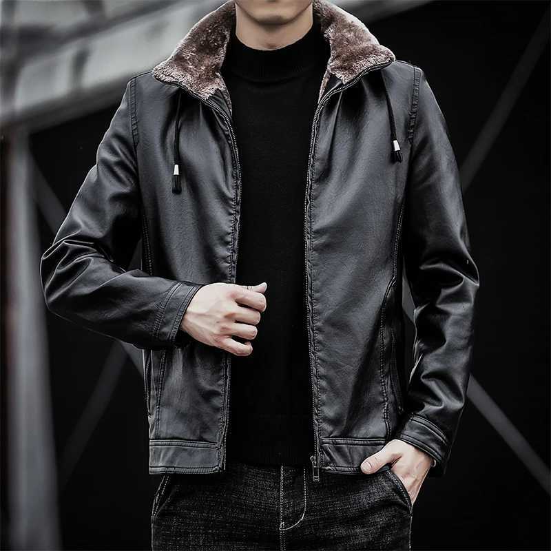 Mens 2024 Winter Warm Faux Leather Jacket Men Solid Long Sleeve PU Leather Coat fur Collar Fit Mens Jacket hooded Coats jacketX240913