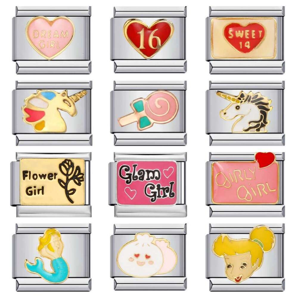 Girl Element Titanium Steel Welding enamel Wristband Cartoon DIY Italian Bracelet Italian Charm Links Stainless Steel Fit 9Mm Bracelet Jewelry DIY Mak