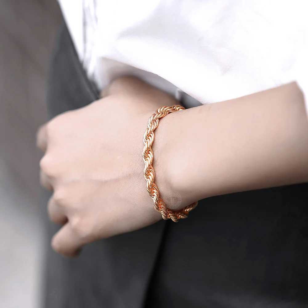 Womens Mens Bracelet 585 Rose Gold Color 5/6mm Twisted Rope Link Chain Bracelet for Women Men Wedding Neck-Jewelry LCB47AX240913