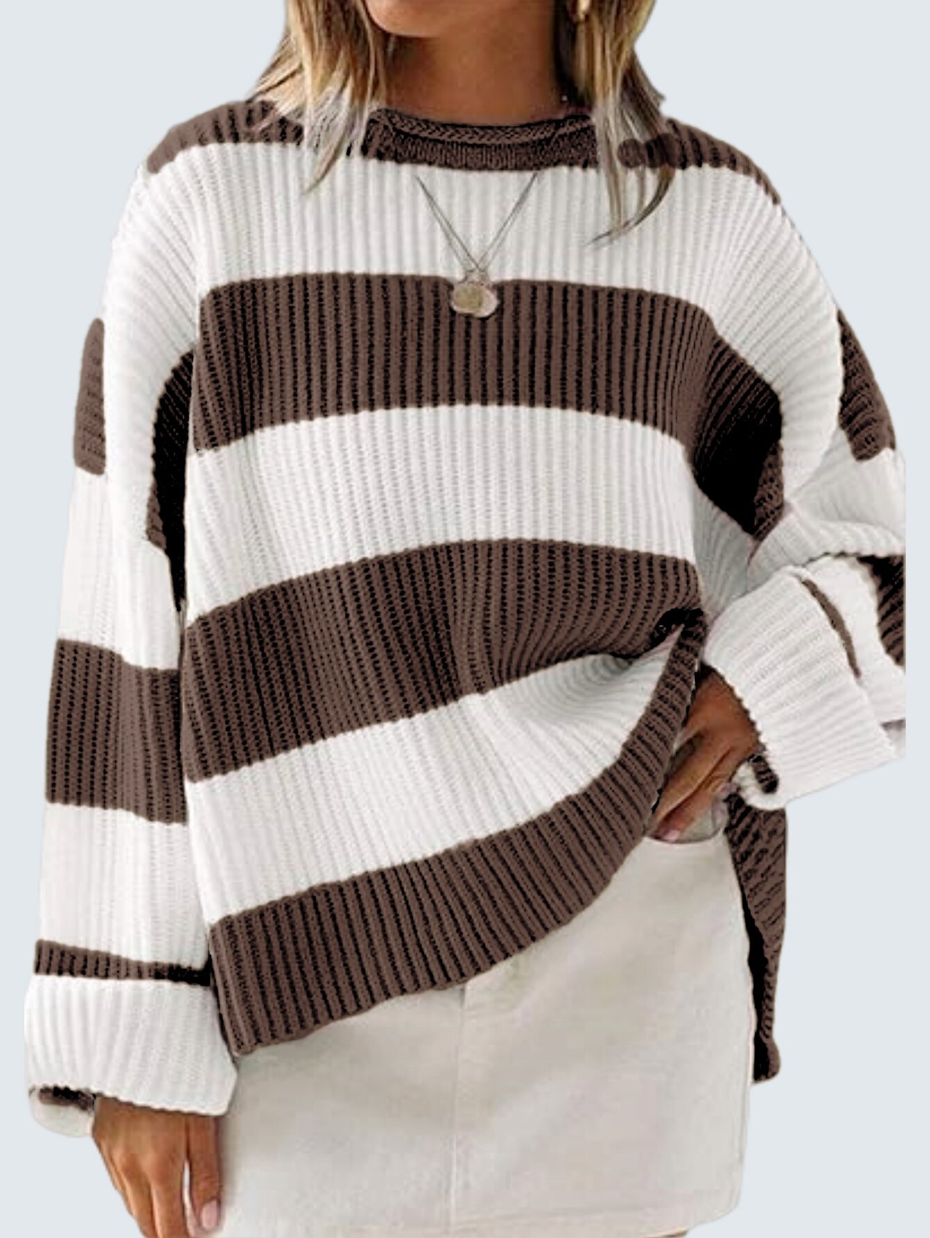 Women's 2024 Fall Long Sleeve Crew Neck Striped Color Block Comfy Loose Oversized Knitted Pullover Sweater