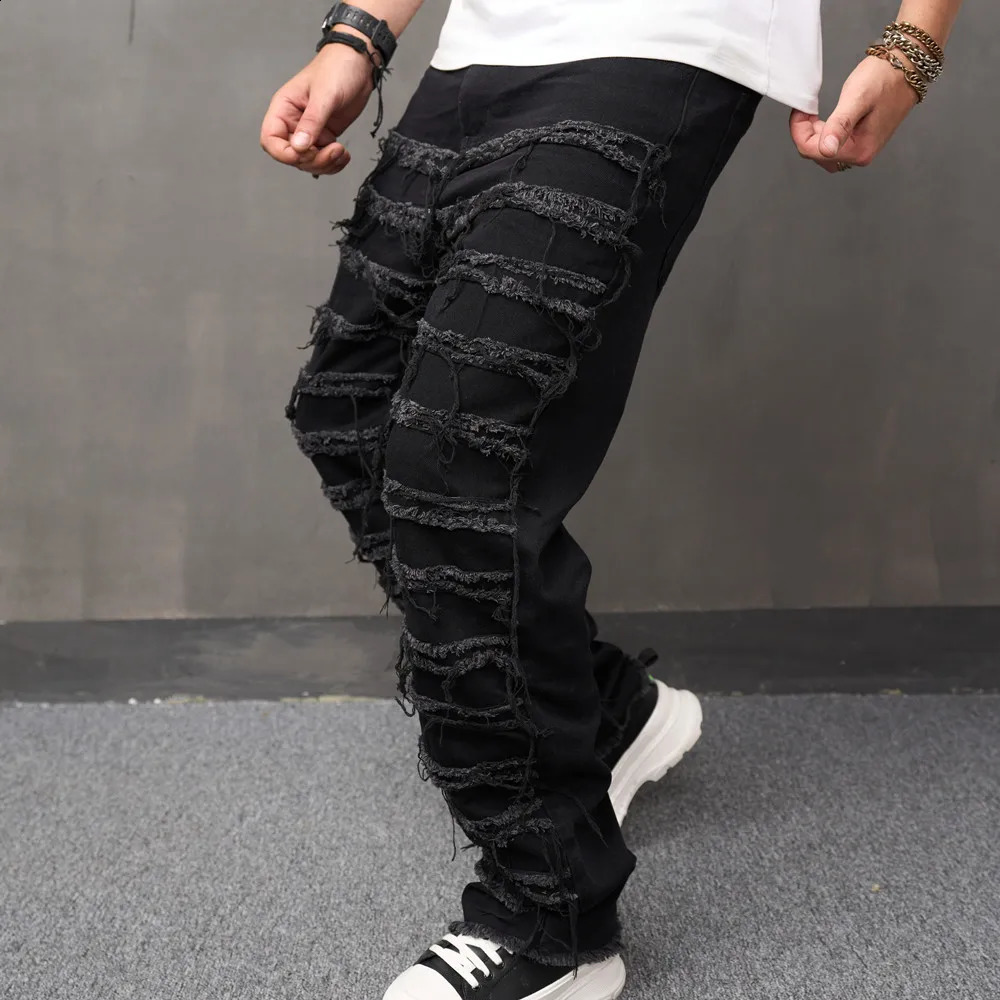 Fashion Mens Stacked Spliced Loose Biker Jeans Hip Hop Men Straight Denim Trousers Streetwear Male Casual Denim Pants 240912
