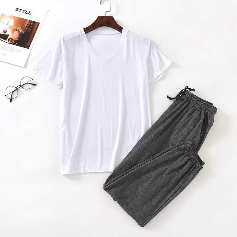 Japanese spring and summer mens pajamas suit modal viscose fiber short-sleeved trousers loose large size casual home wear Y240913