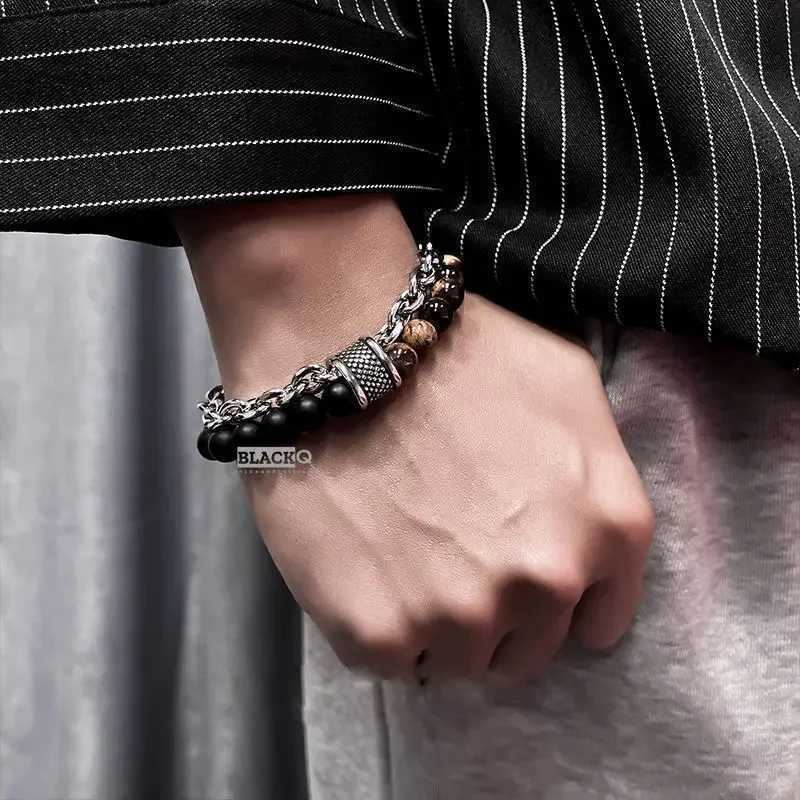 2-layer frosted black stainless steel chain bracelet mens tiger eye natural stone bead bracelet mens bead bracelet W240913