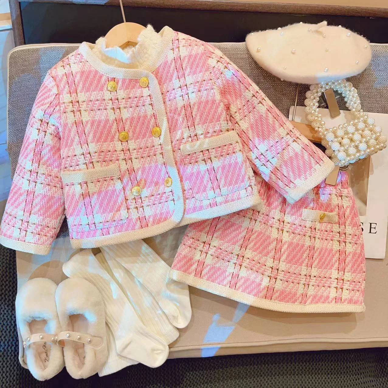 Winter Girls 2Pcs Plaid Cotton Padded Warm Sets Kids Tweed Autumn CardiganSkirt Fleece T-Shirt Birthday Girls Outfit Suits 240902