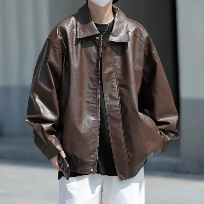 Hong Kong Style Leather Jacket Men Loose Fitting Mens Clothing Trendy Brand PU with Lapel Collar Coats Spring Autumn SeasonsX240913