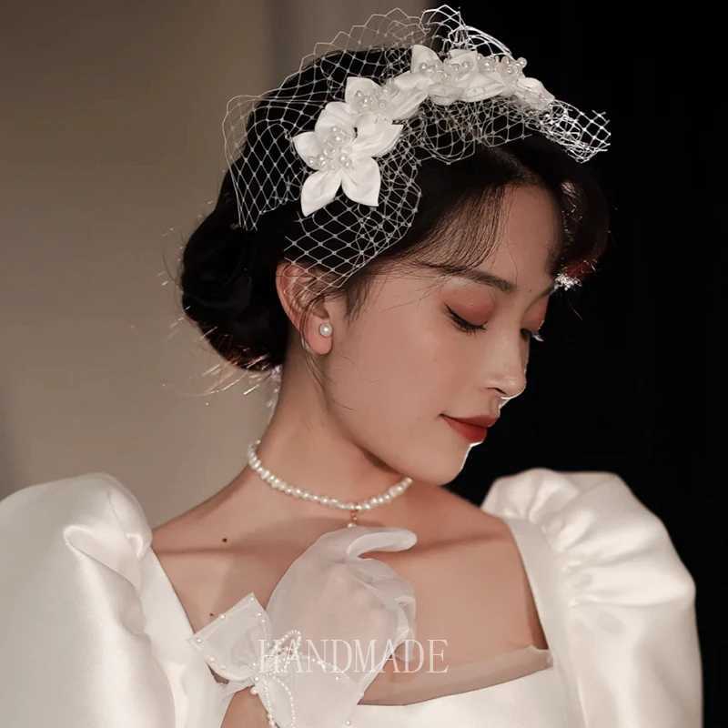 Vintage Champagne Mesh Bow Headband Bridal Headdress wedding hair AccessoriesX240913