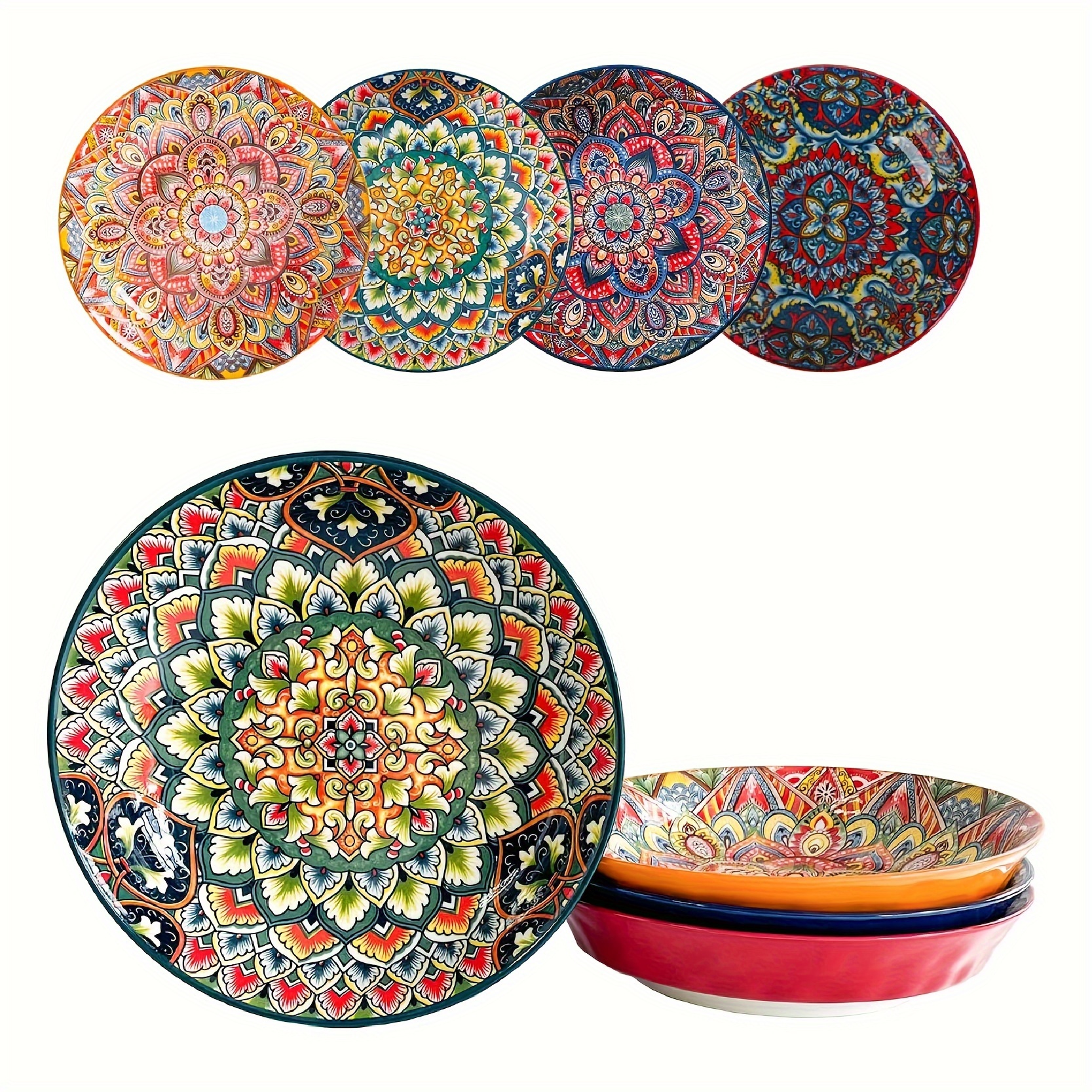 Boho Chic 2pcs Set 8 Inch Deep Ceramic Plates Floral Design for Salad Fruit Rice All Season Round Dinnerware ph225 H4