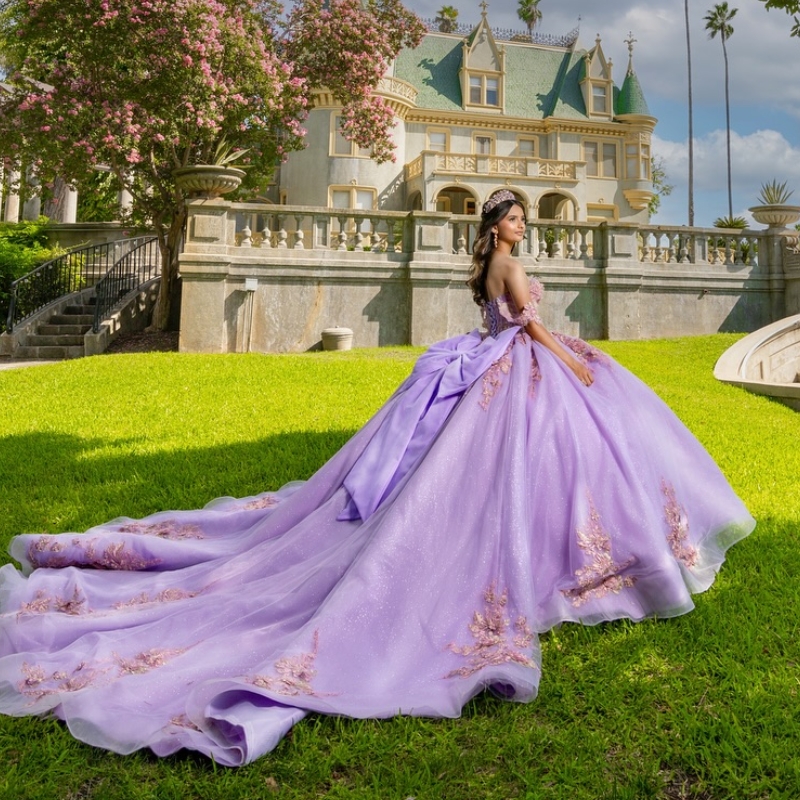 Lilac Quinceanera Ball Gown Shiny 3D ral Applique Bow Beading Tiered Tull Corset Sweet 16 Dress Vestidos De XV 15 Anos