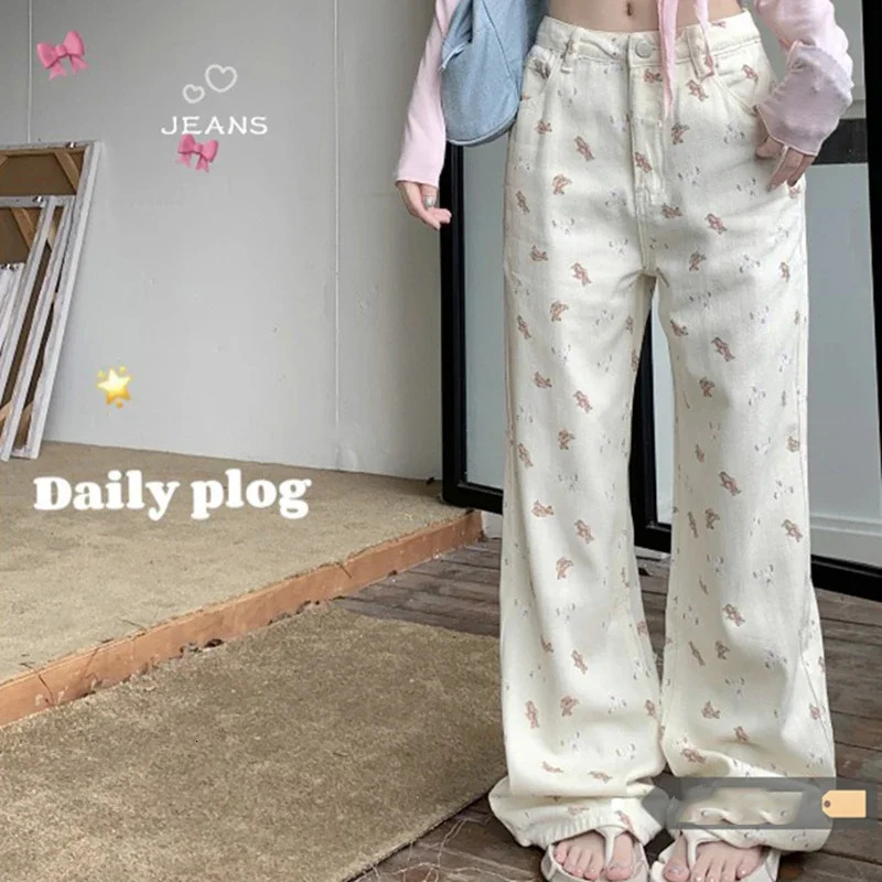 2024 Woman High Waist Korean Sweet Wide Leg Jeans Lady Y2k Casual Cutecore Pants Female Fashion Kawaii Pink White Denim Trousers