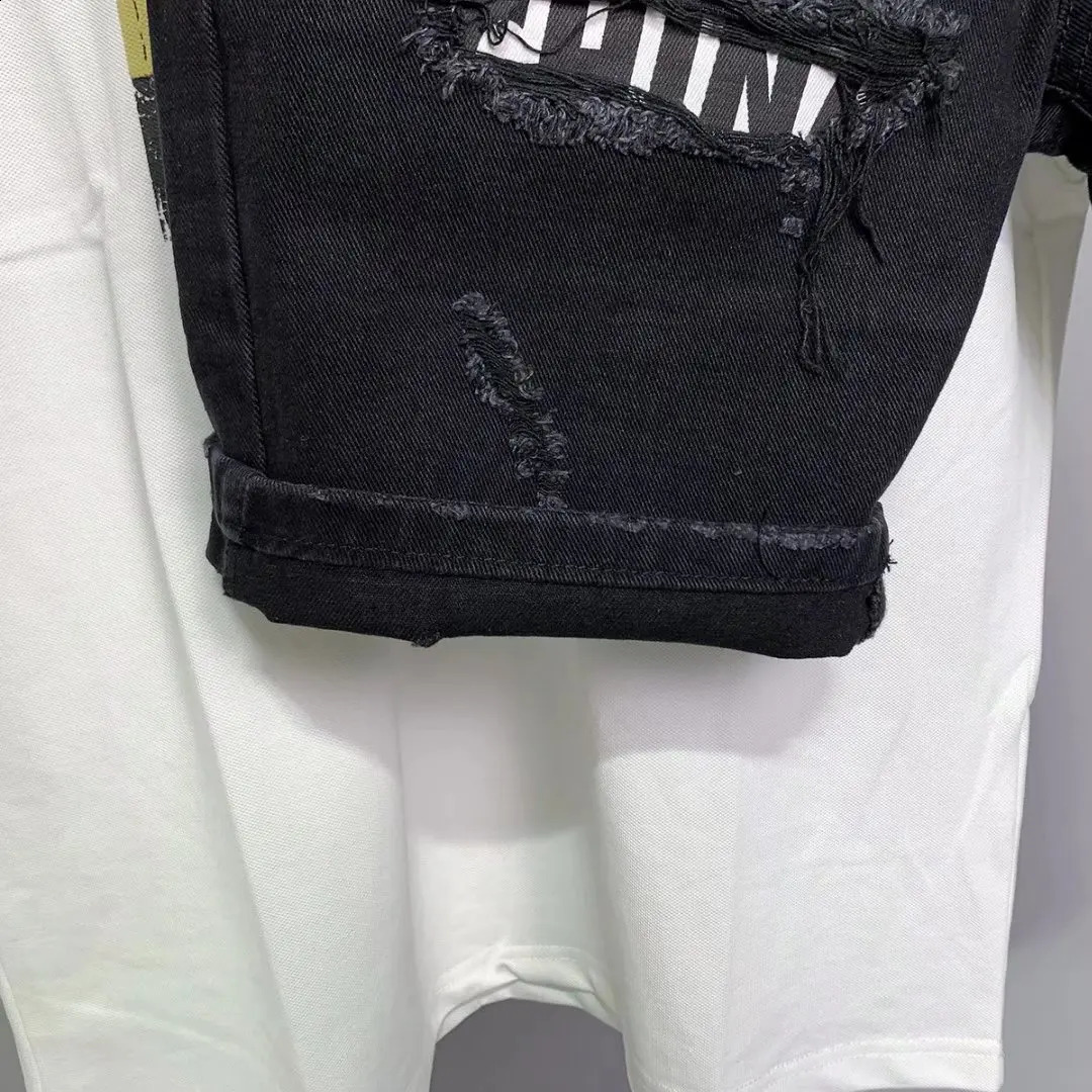 Mens Hole Patch Korean Slim Jeans Short Pants Shorts Feet Black Denim for Men Cowboy Teenager 240912