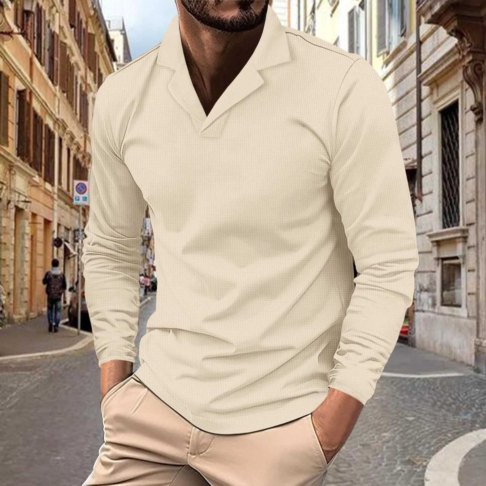 Mens waffle shirt casual long sleeved solid color polo shirt top lapel shirt mens business black sports shirt W240913