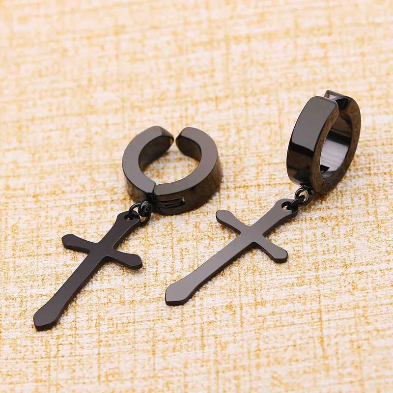 Fashion Titanium Steel Cross Ear Clip Earrings For Men Women Stainless Steel Punk Black Single Earring Fake Earrings JewelryX240913