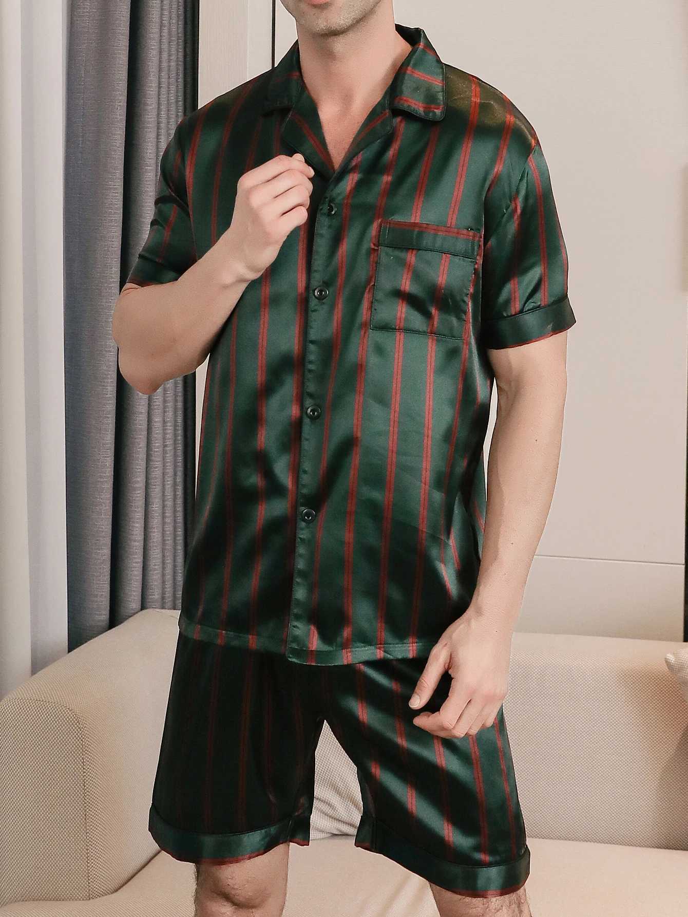 Two piece sets for mens pajamas summer short sleeved shorts striped pattern printed home clothing sleepwear set Y240913